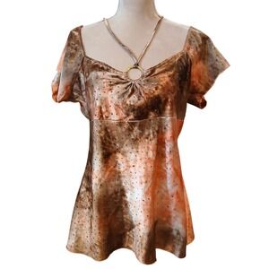 Vanity Sequin O-Ring Halter Tunic Top Orange Brown   Womans y2k